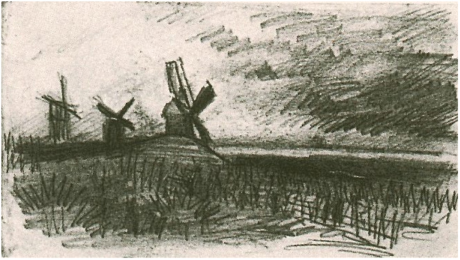 Vincent van Gogh's Windmills at Montmartre Drawing